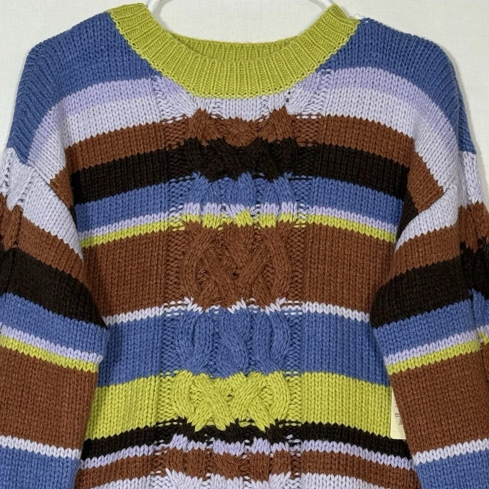 St Johns Bay NWT L Heavy Cable Knit‎ Sweater Womens Multi Color Striped Colorful